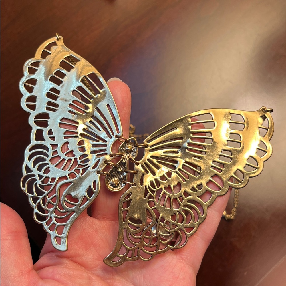 Articulated Butterfly Necklace in Antiqued Gold - Picture 11 of 16
